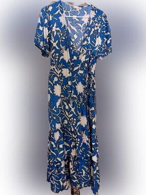 Blue Floral Wrap Midi Dress